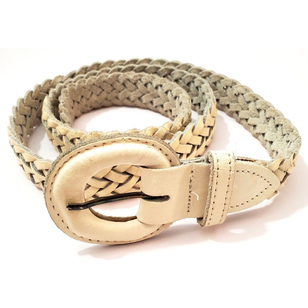 Women Belt Braided Ivory Leather M/L 38-39 Covered Buckle 1" Wide Soft Pliable